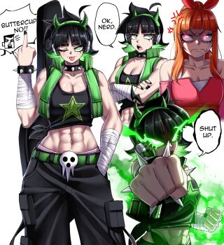 Rule 34 | 1boy, 2girls, abs, aged up, ahoge, anger vein, angry, animification, bandaged arm, bandages, bare shoulders, belt, black hair, black nails, black pants, blossom (ppg), blunt bangs, bow, bracelet, breasts, buttercup (ppg), cargo pants, cleavage, clenched hands, colored inner hair, colored sclera, commentary, cowboy shot, english commentary, english text, fake horns, father and daughter, glowing, glowing eyes, green belt, green sclera, hair bow, hand in pocket, headphones, highres, horned headwear, horns, jewelry, looking at viewer, middle finger, multicolored hair, multiple girls, multiple views, muscular, muscular female, off-shoulder sweater, off shoulder, one eye closed, orange hair, pants, ponytail, powerpuff girls, professor utonium, punching, rageman709, red bow, sharp teeth, shirt, short hair, shouting, siblings, sideways glance, simple background, sisters, speech bubble, spiked bracelet, spikes, sweater, teeth, tied shirt, tomboy, tongue, tongue out, two-tone hair, white background