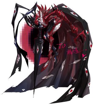 abbadomon abbadomon_core absurdres arm_blade black_cape black_skin cape colored_skin dawu233 digimon digimon_(creature) extra_eyes extra_mouth full_body highres lance multicolored_skin polearm red_cape red_eyes red_skin sharp_teeth simple_background teeth two-sided_cape two-sided_fabric two-tone_skin weapon white_background