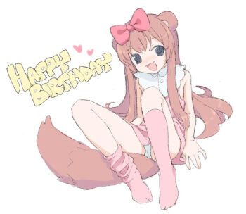animal_ears blush bow chromu english_text full_body hair_bow happy_birthday heart indie_virtual_youtuber jojifuku long_hair looking_at_viewer open_mouth panties pink_hair pink_socks simple_background sitting smile socks solo tail underwear virtual_youtuber white_background