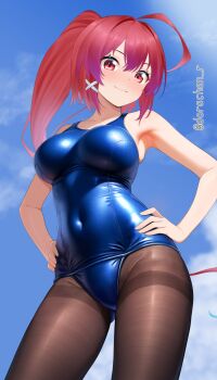Rule 34 | 1girl, ahoge, alternate costume, black pantyhose, breasts, commentary request, cowboy shot, day, dorachan r, hair ribbon, hands on own hips, highres, i-168 (kancolle), kantai collection, long hair, one-piece swimsuit, pantyhose, pantyhose under swimsuit, ponytail, red eyes, red hair, ribbon, school swimsuit, smile, solo, swimsuit, thighband pantyhose, thighs, twitter username