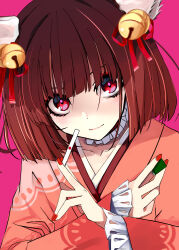 Rule 34 | 1girl, animal ears, bell, black eyeliner, blunt bangs, bob cut, brown hair, cat ears, cat girl, choker, closed mouth, collarbone, commentary request, dot nose, eyeliner, fingernails, frilled choker, frills, hair ribbon, holding, holding mahjong tile, holding tenbou, ichihime, japanese clothes, jingle bell, kimono, lace-trimmed sleeves, lace trim, lips, long sleeves, looking at viewer, mahjong, mahjong soul, mahjong tile, makeup, medium bangs, niboss, pink background, pink kimono, red eyes, red nails, red ribbon, ribbon, short hair, simple background, smile, solo, tenbou, upper body