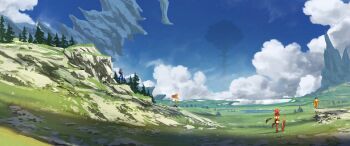 1boy 3girls absurdres aegis_sword_(xenoblade) animal_ears blonde_hair blue_sky cat_ears cliff cloud field grey_hair highres multiple_girls mythra_(xenoblade) nia_(xenoblade) poteto_(potetosarada123) pyra_(xenoblade) red_hair rex_(xenoblade) scenery sky standing tree xenoblade_chronicles_(series) xenoblade_chronicles_2