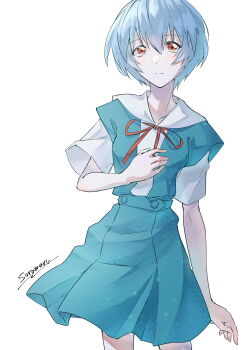 1girl ayanami_rei blue_hair blue_skirt button_up_skirt closed_mouth commentary_request hair_between_eyes hand_on_own_chest highres looking_at_viewer neon_genesis_evangelion red_eyes red_ribbon ribbon sailor_collar school_uniform short_hair signature simple_background skirt solo soramaru_ell tokyo-3_middle_school_uniform twitter_username white_background white_sailor_collar