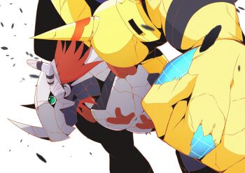 Rule 34 | 1boy, armor, battle damage, broken horn, clenched hand, colored skin, digimon, digimon (creature), dragon, green eyes, helmet, highres, horns, male focus, mitosupa (qsiqydfz7nesh9w), orange skin, red hair, short hair, simple background, solo, upper body, wargreymon, white background, wireframe, yellow armor