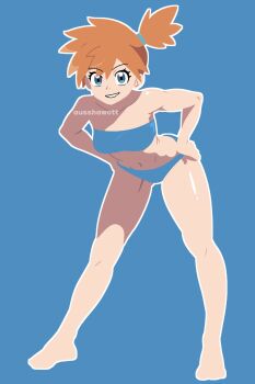 1girl artist_name ausshawott bandeau bare_arms bare_legs bare_shoulders barefoot bent_over bikini blue_background blue_bikini blue_eyes breasts collarbone eyelashes full_body grin hair_tie hands_on_own_hips knees leaning_forward legs legs_apart looking_at_viewer misty_(pokemon) navel nintendo orange_hair outline parted_lips pokemon pokemon_(anime) pokemon_(classic_anime) pokemon_rgby ponytail short_hair side_ponytail simple_background smile solo standing strapless strapless_bikini swimsuit teeth toned white_outline