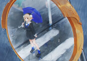 1girl absurdres black_hat black_shirt black_shoes black_skirt blonde_hair blue_ribbon blue_socks blue_umbrella blush crosswalk cyan_paint hat highres holding holding_umbrella looking_at_mirror looking_at_viewer mirror pout rain red_eyes ribbon road school_uniform shirt shoes skirt socks standing street ui_(voisona) umbrella voisona water_drop