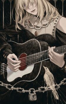 1girl 7nite absurdres acoustic_guitar bang_dream! bang_dream!_it&#039;s_mygo!!!!! bird black_dress blonde_hair chain chinese_commentary clothing_cutout commentary_request doloris_(bang_dream!) dress guitar hair_between_eyes highres instrument lock long_sleeves misumi_uika music playing_guitar playing_instrument purple_eyes shoulder_cutout solo