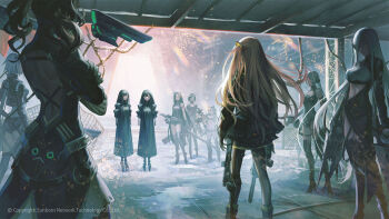 6+girls adeline_(girls'_frontline) alchemist_(girls'_frontline) armband back backless_dress backless_outfit black_dress black_hair black_jacket black_leotard black_skirt blunt_bangs boots bow_(weapon) breasts brown_hair catwalk_(walkway) cleavage commentary company_name copyright_notice crossbow crossed_arms curly_hair dress drone dual_wielding english_commentary executioner_(girls'_frontline) exoskeleton eyepatch fingerless_gloves from_behind gager_(girls'_frontline) girls'_frontline gloves gun h&amp;k_ump hair_ornament halter_leotard halterneck hands_on_own_hips headgear high_heel_boots high_heels highres holding holding_crossbow holding_gun holding_sword holding_weapon hunter_(girls'_frontline) ice icicle indoors intruder_(girls'_frontline) jacket judge_(girls'_frontline) large_breasts leotard long_hair long_sleeves mechanical_arms mod3_(girls'_frontline) multiple_girls nunok nyto_(generic)_(girls'_frontline) nyto_(girls'_frontline) official_art one_side_up oversized_limbs pantyhose paradeus pleated_skirt ponytail pouch rebar sangvis_ferri scapular scarecrow_(girls'_frontline) short_hair side_ponytail single_mechanical_arm skirt sparks spoilers standing straight_hair submachine_gun sword thigh_boots thighhighs twintails ump45_(girls'_frontline) ump45_(mod3)_(girls'_frontline) very_long_hair water weapon wet_floor white_hair yellow_armband yellow_eyes