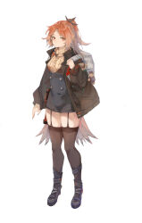 Rule 34 | 1girl, absurdres, arknights, arm at side, backpack, bag, black footwear, black jacket, black skirt, black thighhighs, blue pupils, boots, buttons, cable knit, double-breasted, feather hair, full body, garter straps, hand up, high-waist skirt, high heel boots, high heels, highres, huiyuenoyi, jacket, legs apart, legs together, long hair, long sleeves, looking at viewer, open clothes, open jacket, orange eyes, orange hair, pinecone (arknights), ponytail, sidelocks, simple background, skirt, solo, suspender skirt, suspenders, sweater, thighhighs, thighs, turtleneck, turtleneck sweater, white background, yellow sweater, zettai ryouiki