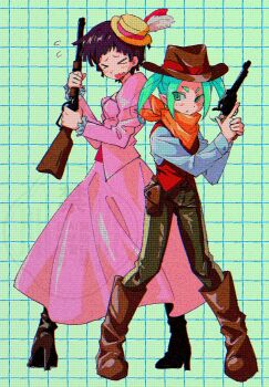 Rule 34 | > <, 2girls, alternate costume, aqua eyes, aqua hair, bandana, bandana around neck, belt pouch, black shoes, boots, breasts, brown boots, brown hair, brown hat, closed eyes, commentary request, cowboy hat, cowgirl (western), current nadeko, dress, full body, green background, grey pants, grid background, gun, handgun, hat, hat feather, high heels, highres, holding, holding gun, holding weapon, legs apart, long dress, long sleeves, looking to the side, minooo zz, monogatari (series), multiple girls, nademonogatari, ononoki yotsugi, orange bandana, pants, partial commentary, pink dress, pouch, red vest, revolver, sengoku nadeko, shoes, short hair, shotgun, small breasts, standing, translation request, twintails, vest, watermark, wavy mouth, weapon