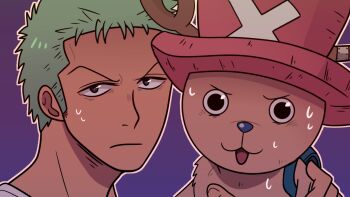 2boys blue_nose carrying carrying_person close-up commentary cross derivative_work english_commentary green_hair hat looking_at_viewer male_focus multiple_boys one_piece pegdraws pink_hat purple_background roronoa_zoro screenshot_redraw short_hair sideburns sweatdrop tony_tony_chopper v-shaped_eyebrows