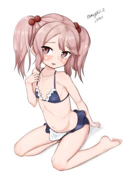 1girl absurdres alternate_costume bikini black_bikini collarbone dated flat_chest frilled_bikini frills hair_bobbles hair_ornament highres kantai_collection loli long_hair maru_(marg0613) one-hour_drawing_challenge pink_eyes pink_hair sazanami_(kancolle) simple_background sitting solo swimsuit twintails twitter_username wariza white_background
