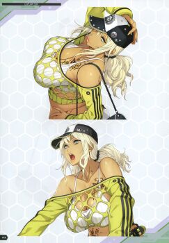 1girl absurdres artbook belt blonde_hair breasts butterfly_tattoo dark-skinned_female dark_skin dithering gyaru hat highres large_breasts lips long_hair long_sleeves looking_up navel official_art parted_lips ponytail rinalia_kuo scan see-through_clothes see-through_shirt shiny_skin smile standing stomach_tattoo studded_belt super_robot_wars super_robot_wars_dd tattoo upper_body watanabe_wataru_(character_designer) wide_hips