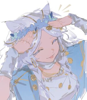 :3 :p ^_^ ah_eto..._bleh_(meme) animal_ears arms_on_head arms_up blue_cape braid cape cat_ears choker closed_eyes doll_joints elden_ring elden_ring_nightreign flower_wreath hands_on_own_head head_wreath highres joints low_twin_braids meme notice_lines raised_inner_eyebrows revenant_(elden_ring) tongue tongue_out twin_braids upper_body veil white_background white_choker white_veil wp0277