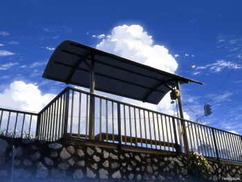 artist_name blue_sky bus_stop cloud cloudy_sky cumulonimbus_cloud fence highres mclelun no_humans original power_lines scenery sky traffic_light