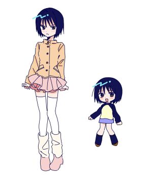 Rule 34 | 1girl, black eyes, black hair, chibi, commentary, full body, highres, jacket, long sleeves, loose socks, love 18s2, multiple views, nakahara misaki, nhk ni youkoso!, open mouth, pleated skirt, raglan sleeves, short hair, skirt, smile, socks, symbol-only commentary, thighhighs