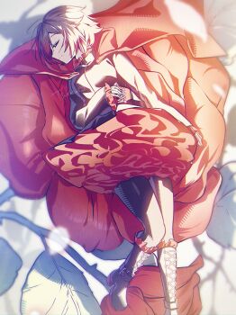 1girl black_boots black_jacket black_pantyhose boots brown_hair cape closed_eyes frilled_boots frilled_sleeves frills from_above hand_on_own_stomach head_tilt jacket lace-up_boots layered_skirt long_sleeves miniskirt pantyhose red_cape red_skirt ruby_rose rwby short_hair signature skirt sleeping sleeves_past_fingers sleeves_past_wrists solo tsukasa_(ilqmplim) underbust