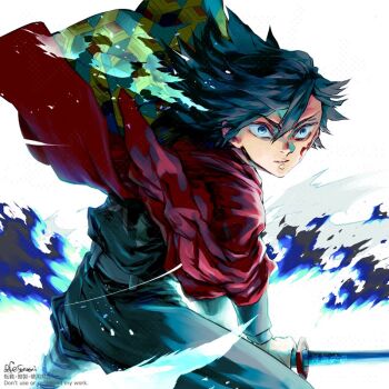 Rule 34 | 1boy, black hair, black jacket, black pants, blood, blood on face, blue eyes, commentary request, demon slayer uniform, english text, fe sawai, haori, holding, holding sword, holding weapon, jacket, japanese clothes, katana, kikkoumon, kimetsu no yaiba, low ponytail, male focus, pants, parted lips, ponytail, print haori, red haori, solo, spiked hair, sword, teeth, tomioka giyuu, weapon, white background