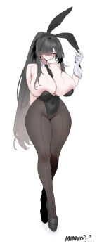 1girl absurdres animal_ear_hairband animal_ears artist_name bare_shoulders black_eyes black_hair black_necktie black_pantyhose blush breasts cleavage commentary_request fake_animal_ears full_body gloves hair_over_one_eye hairband high_heels high_ponytail highres huge_breasts korean_commentary long_hair mimyo necktie original pantyhose ponytail rabbit_ear_hairband rabbit_ears simple_background solo tachi-e white_background white_gloves