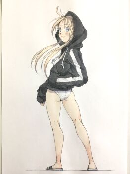 1girl ass bare_legs black_hoodie blonde_hair blue_eyes closed_mouth commentary drawstring full_body hand_in_pocket highres hood hood_up hoodie long_hair long_sleeves one-piece_swimsuit original peter_salt sandals sleeves_past_wrists smile solo standing swimsuit traditional_media white_background white_one-piece_swimsuit