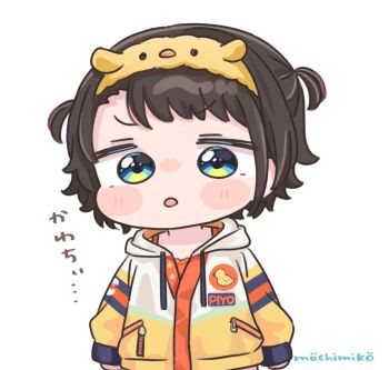 1girl :o black_hair blue_eyes blush_stickers camisole chibi commentary_request drawstring hololive hood hood_down hooded_jacket jacket long_sleeves looking_at_viewer mochimiko oozora_subaru oozora_subaru_(loungewear) orange_camisole parted_lips puffy_long_sleeves puffy_sleeves signature simple_background sleeves_past_wrists solo translation_request two_side_up upper_body virtual_youtuber white_background yellow_jacket