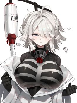 1girl black_bodysuit bodysuit breasts commentary faust_(project_moon) grey_eyes grey_hair hair_over_one_eye highres jacket large_breasts limbus_company medium_hair one_eye_closed one_eye_covered project_moon solo symbol-only_commentary white_jacket yuchan_00001