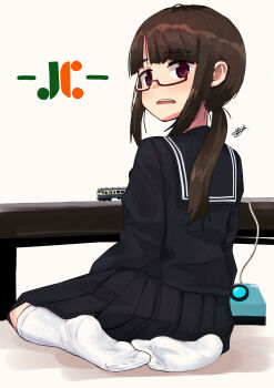 1021g 1girl absurdres black_serafuku blush brown_eyes brown_hair from_behind glasses highres jimiko looking_at_viewer looking_back original pleated_skirt red-framed_eyewear school_uniform semi-rimless_eyewear serafuku sidelocks sitting skirt socks soles solo white_socks