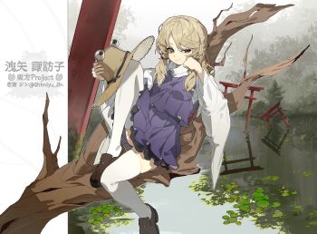 1girl absurdres blonde_hair blue_skirt blue_vest brown_shoes fog full_body head_rest highres in_tree legs long_sleeves looking_at_viewer medium_hair moriya_suwako pyonta shimiya_jin shirt shoes sitting sitting_in_tree skirt smile solo thighhighs thighs torii touhou tree unworn_headwear vest wetland white_shirt white_thighhighs yellow_eyes