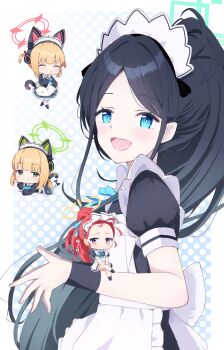 4girls :d ^_^ animal_ear_headphones animal_ears apron aqua_halo aris_(blue_archive) aris_(maid)_(blue_archive) back_bow black_dress black_hair black_wrist_cuffs blonde_hair blue_archive blue_background blue_eyes blunt_bangs blush bow bright_pupils cat_ear_headphones cat_ears cat_tail chibi chibi_inset closed_eyes closed_mouth commentary_request cowboy_shot crossed_legs dress fake_animal_ears fake_tail forehead frilled_apron frills from_side furrowed_brow game_development_department_(blue_archive) green_eyes green_halo hair_bow halo hand_up happy headphones highres holy-san_(makuu) long_hair long_sleeves looking_at_viewer lying maid maid_apron maid_headdress medium_hair midori_(blue_archive) midori_(maid)_(blue_archive) momoi_(blue_archive) momoi_(maid)_(blue_archive) multiple_girls official_alternate_costume official_alternate_hairstyle on_stomach open_mouth own_hands_together parted_bangs pink_halo polka_dot polka_dot_background ponytail puffy_short_sleeves puffy_sleeves rectangular_halo red_hair ringed_eyes short_sleeves sidelocks simple_background sitting smile solo_focus split_mouth tail teeth the_pose upper_teeth_only v-shaped_eyebrows very_long_hair white_apron white_bow white_pupils wrist_cuffs yellow_halo yuzu_(blue_archive) yuzu_(maid)_(blue_archive)