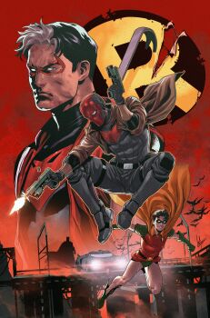 absurdres bat_signal batman batman_(series) batman_symbol batmobile black_bodysuit black_gloves black_hair blue_eyes bodysuit brown_jacket cape cowl dc_comics domino_mask dual_wielding eye_mask gloves grey_bodysuit gun highres holding holding_gun holding_weapon jacket jason_todd lucas_meyer male_focus mask multicolored_bodysuit multicolored_hair multiple_boys multiple_persona muscular muscular_male open_clothes pants red_hood_(2018_costume) red_hood_(dc) red_hood_and_the_outlaws red_mask robin_(dc) shirt short_hair superhero_costume taut_bodysuit two-tone_bodysuit two-tone_hair weapon western_comics_(style) yellow_cape