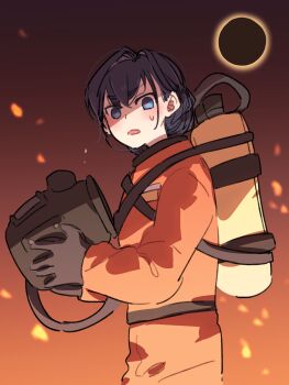 1girl absurdres alternate_costume anco_(platanity) black_gloves blue_eyes blue_hair commentary cosplay eclipse embers english_commentary gloves hair_intakes hazmat_suit helmet highres holding holding_unworn_helmet hololive hololive_english jumpsuit lethal_company long_sleeves looking_at_viewer open_mouth orange_jumpsuit ouro_kronii oxygen_tank short_hair solo sweatdrop unworn_headwear unworn_helmet virtual_youtuber worker_(lethal_company) worker_(lethal_company)_(cosplay)