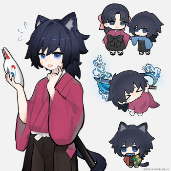 1boy 1girl aged_down belt black_hair black_hakama black_jacket black_pants blue_eyes braid buttons chibi child chokutou closed_eyes commentary demon_slayer_uniform fox_mask full_body gold_buttons hakama haori high_collar highres holding holding_hands holding_mask holding_sword holding_weapon jacket japanese_clothes katana kikkoumon kimetsu_no_yaiba long_hair low_ponytail male_focus mask mouth_hold multiple_views open_mouth pants poisonholicwine ponytail print_haori red_haori simple_background single_braid smile spiked_hair sword tomioka_giyuu tomioka_tsutako twitter_username water weapon white_background white_belt