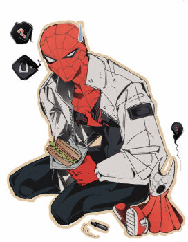 1boy 1girl animal_print bodysuit dotori_012 hollow_knight hollow_knight:_silksong hornet_(hollow_knight) marvel mask multicolored_bodysuit print_bodysuit red_bodysuit spider-man spider-man_(series) spider_print spider_web_print superhero_costume two-tone_bodysuit web_shooter