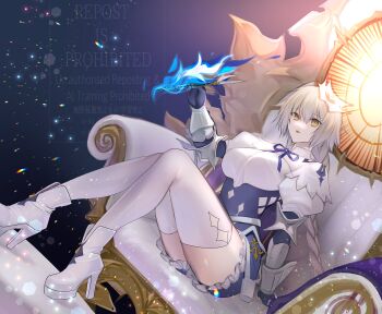 1girl absurdres angel_wings armor armored_dress blonde_hair blue_dress braid braided_ponytail breasts dress fate/grand_order fate_(series) feathered_wings gauntlets halo highres jeanne_d&#039;arc_(fate) juliet_sleeves large_breasts long_hair long_sleeves looking_at_viewer metatron_jeanne_(fate) metatron_jeanne_(first_ascension)_(fate) open_mouth puffy_sleeves ri-ko shirt sitting solo thighhighs throne very_long_hair white_shirt white_thighhighs wings yellow_eyes