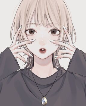 1girl absurdres blonde_hair brown_eyes commentary_request fingernails grey_sweater hands_up highres jewelry lips long_fingernails long_sleeves medium_hair necklace original pendant portrait simple_background solo straight-on sweater white_background white_nails yu.ta.