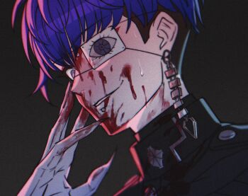 1boy absurdres black_background black_hair black_jacket blood blood_on_clothes blood_on_face blue_hair chamuchai close-up earrings evil_smile eye_print eyepatch face_piercing film_grain fingernails gakuran gloves grey_eyes highres jacket jewelry labret_piercing last_defense_academy_school_uniform looking_at_viewer male_focus multicolored_hair omokage_yugamu piercing print_eyepatch school_uniform sharp_fingernails short_hair simple_background smile solo sweat the_hundred_line_-last_defense_academy- undercut white_gloves