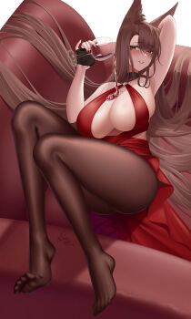 1girl absurdres akagi_(azur_lane) alcohol animal_ears azur_lane blush breasts brown_hair couch cup dress drinking_glass feet highres ichikushi_mojibake large_breasts long_hair looking_at_viewer pantyhose parted_lips red_eyes soles spilling toes wine wine_glass
