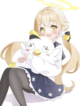 Rule 34 | 1girl, :d, absurdres, black bow, black pantyhose, blonde hair, blue archive, blue sailor collar, blue skirt, blush, bow, commentary request, crossed bangs, frilled skirt, frills, from side, hair between eyes, hair bow, halo, hifumi (blue archive), highres, hugging object, knees up, long hair, long sleeves, looking at viewer, low twintails, open mouth, pantyhose, peroro (blue archive), petako (ptpt k), pleated skirt, sailor collar, shadow, shirt, sidelocks, simple background, sitting, skirt, sleeves past wrists, smile, solo, stuffed toy, trinity general school logo, twintails, very long hair, white background, white shirt, yellow bow, yellow eyes, yellow halo