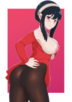 Rule 34 | 1girl, arm under breasts, ass, black hair, black pantyhose, blush, breasts, closed mouth, clothes lift, clothes pull, cowboy shot, dress, female focus, from behind, from side, hairband, hand on own hip, large breasts, lifting own clothes, long sleeves, looking at viewer, looking back, morfinared, naughty face, nipples, pantyhose, presenting, pulling own clothes, red background, red eyes, red sweater, short hair with long locks, sidelocks, simple background, smile, solo, spy x family, standing, sweater, sweater dress, sweater lift, sweater pull, two-tone background, white background, white hairband, yor briar