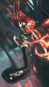 &gt;:( 1girl alastor_(shakugan_no_shana) black_shoes black_thighhighs blurry blurry_background buttons closed_mouth commentary depth_of_field double-breasted fighting_stance fire floating_hair foreshortening full_body green_shirt green_skirt highres holding holding_sword holding_weapon indoors jewelry katana kumano_yume loafers long_hair long_sleeves looking_ahead midriff miniskirt necklace pyrokinesis red_eyes red_hair school_uniform serious shakugan_no_shana shana shirt shoes skirt solo standing sword thighhighs v-shaped_eyebrows very_long_hair weapon zettai_ryouiki