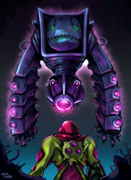 1girl arm_cannon armor artist_name commentary_request full_armor fusion_suit green_armor highres metroid metroid_fusion multicolored_armor nightmare_(metroid) nintendo power_armor power_suit_(metroid) robot samus_aran signature wakaba_(wata_ridley) weapon