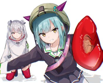 2girls black_necktie black_shirt black_skirt blue_hair blunt_bangs bungo_yayoi clenched_teeth commentary_request cowboy_shot crab_claw double_bun eyepatch fake_horns fake_pincers fighting_stance film_grain full_body hair_bun heaven_burns_red helmet highres horned_helmet horns kneeling looking_at_viewer medium_hair miniskirt multiple_girls necktie one_eye_covered pleated_skirt red_eyes red_thighhighs rrtp shirt short_necktie simple_background sketch skirt teeth thick_eyebrows thighhighs twintails v-shaped_eyebrows white_background white_hair white_shirt yamawaki_bon_ivar yellow_eyes zettai_ryouiki