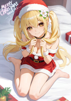 1girl ark_order bare_legs barefoot bed_sheet belt belt_buckle black_choker blonde_hair box breasts buckle bunching_hair choker christmas cleavage closed_mouth collarbone commentary_request dress flower from_above full_body fur-trimmed_dress fur-trimmed_headwear fur_trim gift gift_box hair_flower hair_ornament hat highres idunn_(ark_order) leo_thasario long_hair looking_at_viewer looking_up medium_breasts merry_christmas off-shoulder_dress off_shoulder on_bed red_dress red_hat santa_costume santa_dress santa_hat sitting smile solo twintails very_long_hair wariza white_flower yellow_eyes