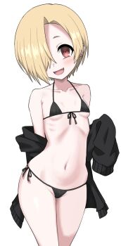 1girl arm_behind_back bare_shoulders bikini black_bikini black_hoodie blonde_hair blush breasts clothes_down collarbone cowboy_shot fangs groin hair_over_one_eye halulu highres hood hoodie idolmaster idolmaster_cinderella_girls loli looking_at_viewer micro_bikini navel one_eye_covered open_clothes open_hoodie open_mouth red_eyes ribs shirasaka_koume short_hair side-tie_bikini_bottom simple_background sleeves_past_fingers sleeves_past_wrists small_breasts smile solo stomach swimsuit tareme white_background