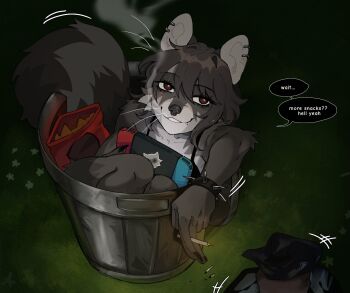 animal_ears black_hair black_nails bra breasts cigarette furry furry_female highres holding holding_cigarette looking_at_viewer raccoattack raccoon raccoon_ears raccoon_girl raccoon_tail smoke tail trash_bag trash_can underwear
