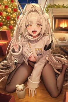 1girl armband black_armband blanc_(fortune_express)_(nikke) blanc_(nikke) box breasts chocolate_chip_cookie christmas_tree coffee_mug commentary cookie cup fang fireplace food fur-trimmed_jacket fur-trimmed_sleeves fur_trim gift gift_box goddess_of_victory:_nikke hair_intakes hand_on_floor hat high-waist_pantyhose highres indoors jacket latte_art long_hair long_sleeves looking_at_viewer medium_breasts mug nail_polish no_shoes official_alternate_costume on_floor open_mouth pantyhose pom_pom_(clothes) rug sitting skin_fang smile solo twintails v very_long_fingernails very_long_hair wariza white_hair white_hat white_jacket white_nails wooden_floor yakool yellow_eyes