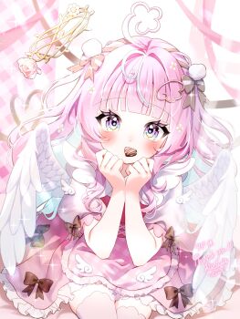 Rule 34 | 1girl, black bow, blue hair, blush, bow, candy, chocolate, chocolate heart, colored inner hair, commentary request, commission, dress, feathered wings, food, food in mouth, hands up, heart, heart-shaped food, highres, indie virtual youtuber, kise inaka, long hair, looking at viewer, multicolored eyes, multicolored hair, pink dress, pink hair, puffy sleeves, signature, sitting, skeb commission, solo, thank you, thighhighs, very long hair, virtual youtuber, white wings, wings
