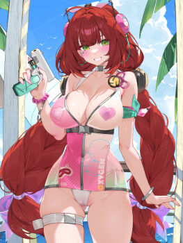 1girl bilingual_commentary blue_sky braid breasts commentary english_commentary eyewear_on_head green_eyes heart_pasties highres holding holding_water_gun large_breasts long_hair low_twin_braids mixed-language_commentary official_alternate_costume pasties red_hair sky smile solo swimsuit thigh_strap thighs twin_braids ukinami_yuzuha ukinami_yuzuha_(tanuki_in_broad_daylight) very_long_hair water_gun waterring zenless_zone_zero