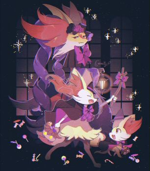 animal_ear_fluff animal_ears animal_nose black_cape black_dress body_fur bow braixen candy cape closed_eyes closed_mouth clothed_pokemon delphox dress evolutionary_line fang fennekin flower food fox_ears fukkatsu_no_maya furry gen_6_pokemon halloween halloween_bucket halloween_costume hat highres holding holding_stick lollipop multicolored_fur nintendo open_mouth pokemon pokemon_(creature) pokemon_focus red_eyes red_fur skin_fang smile snout star_(symbol) stick tail white_fur witch_hat yellow_fur
