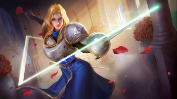 1girl absurdres armor black_gloves blonde_hair blue_eyes breastplate breasts charlotte_christine_de_colde elbow_gloves flower gloves highres holding holding_flower holding_sword holding_weapon looking_at_viewer medium_hair non-web_source official_art pauldrons rapier red_flower red_rose rose samurai_spirits shoulder_armor snk solo sword wangzhe_rongyao weapon xialuote_(wangzhe_rongyao)